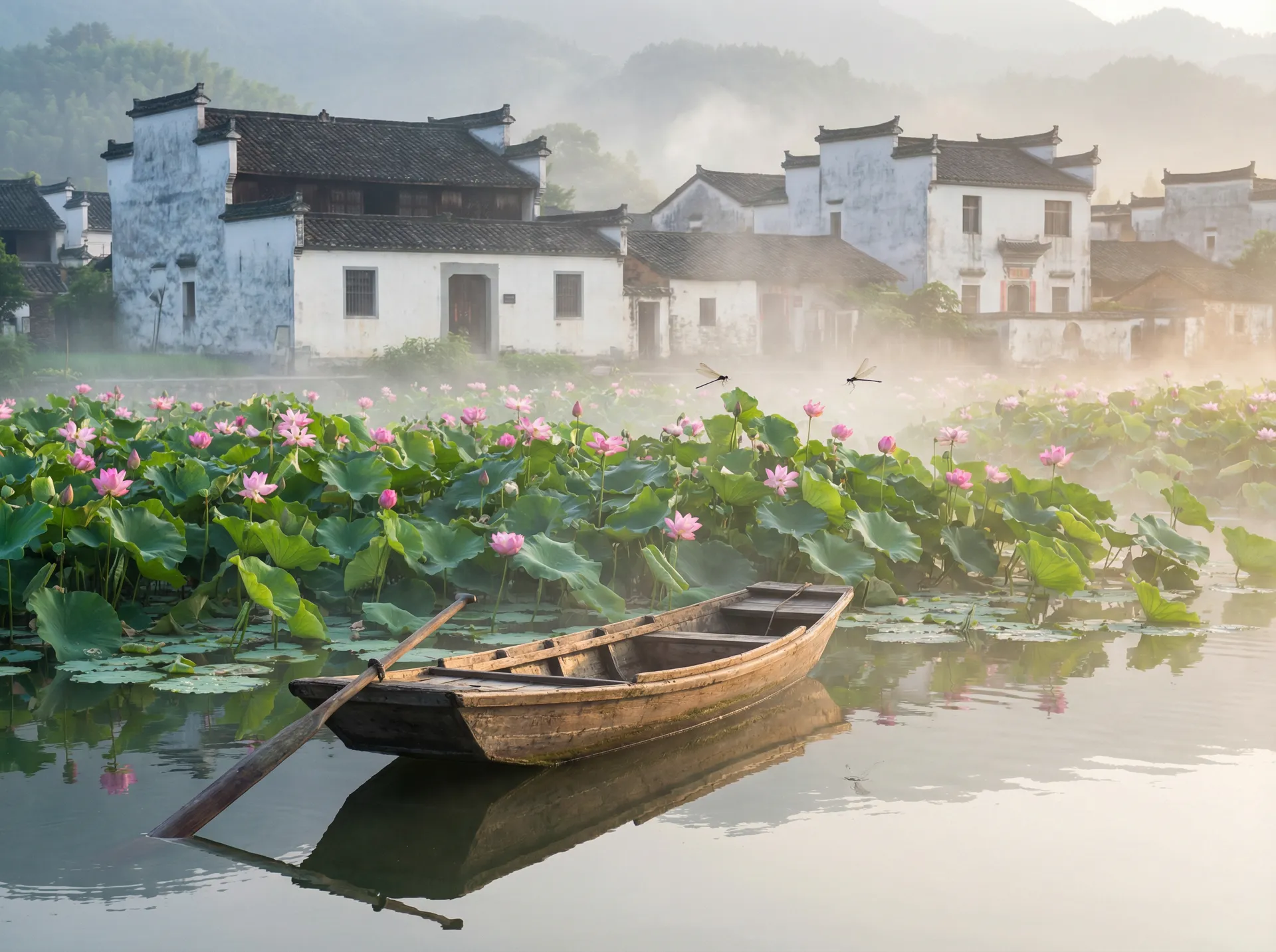 清晨荷塘小舟，粉色荷花盛开，白墙黑瓦的村庄 - 就去se 水乡风情